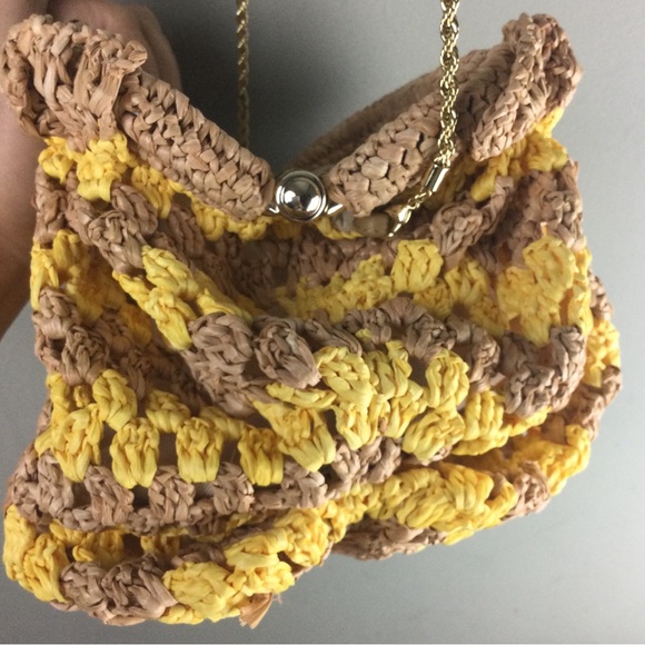 NWOT Loeffler Randall Willa Woven Raffia Ruched Yellow & Natural Clutch - Picture 8 of 13